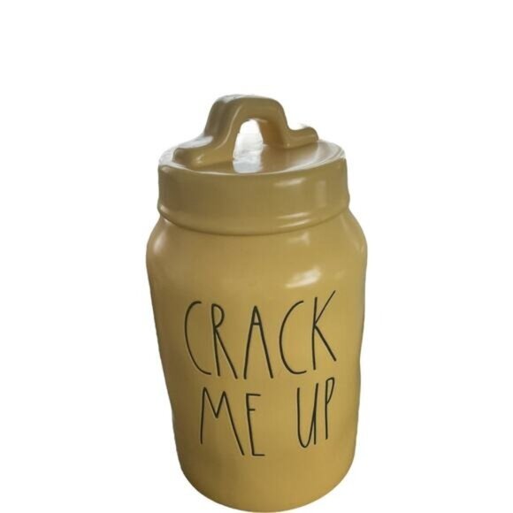 Rae Dunn Artisan Collection Ceramic "Crack Me Up" Yellow Canister With Lid 8" - Picture 1 of 6